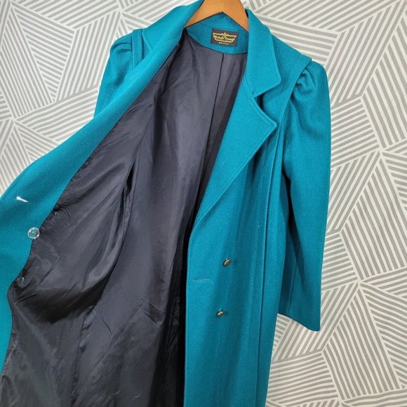 Vintage Long Coat size 6/8 Wool Trench Coat Winter duster Teal Double Breasted - Picture 7 of 10